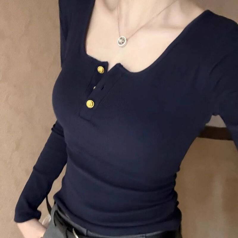 American Retro Long-Sleeved T-Shirt for Women 2025 Spring & Fall New Style U-Neck Sweet and Spicy Top Slimming Look Inner Layering Shirt