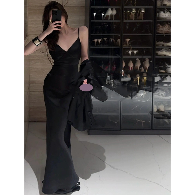 Socialite Style Dinner Banquet Dress Niche Design Sexy V Neck Sleeveless Backless Satin Suspender Dress Available