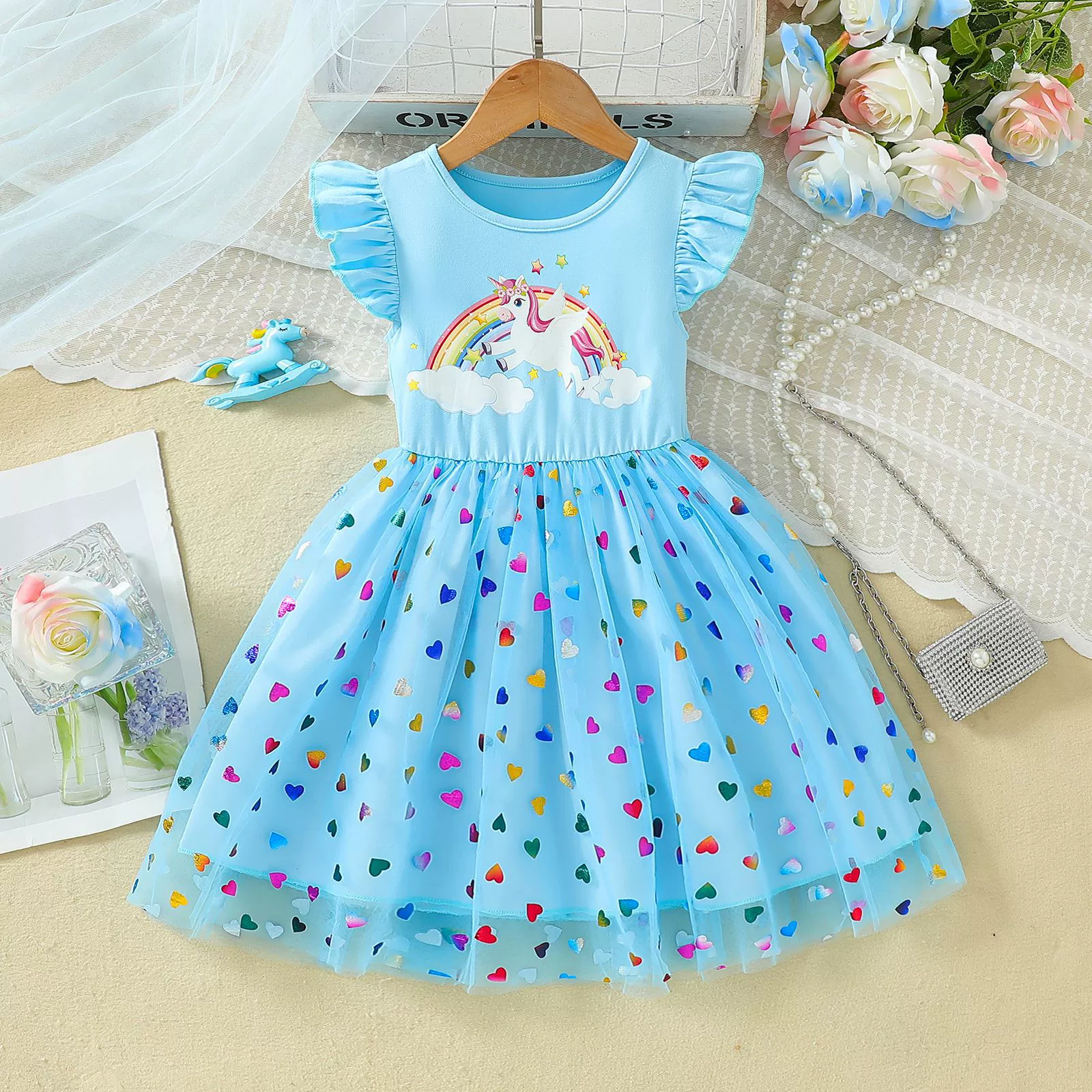 Детское летнее платье для девочек, корейская версия 2025 года, с радужными лошадками и единорогами, короткий рукав, сетка, платье принцессы