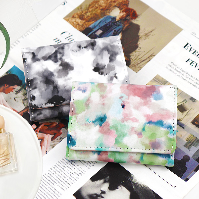 Acuarela creativa floreciente titular de la tarjeta de cuero pu titular de la tarjeta multi-tarjeta de gran capacidad tríptico corto pequeño monedero estilo coreano mujeres