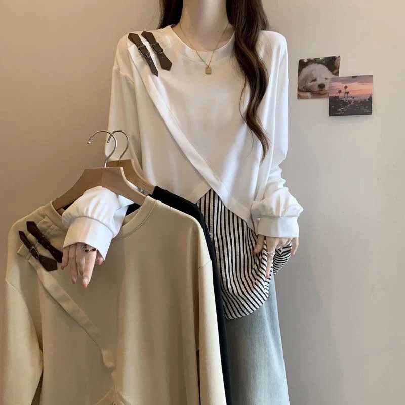 条纹衬衫拼接假两件卫衣女款秋秋大码胖mm设计感小众长袖打底上衣