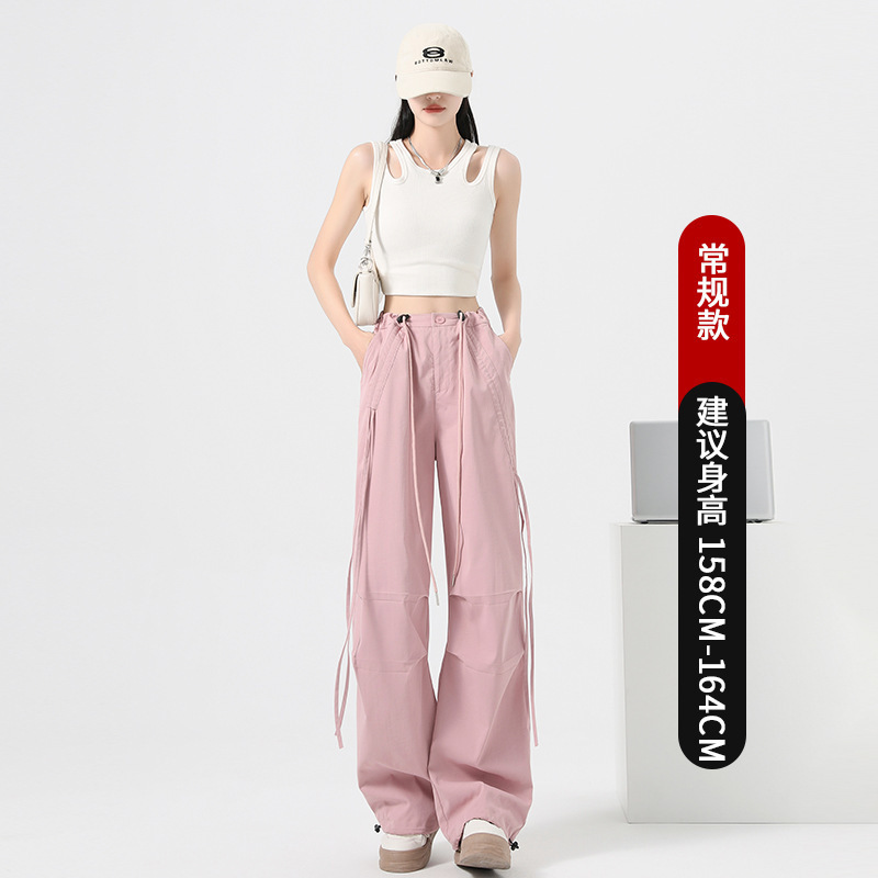 系带设计感工装裤女夏秋窄版阔腿休闲裤高腰抽绳运动伞兵裤子女款|undefined