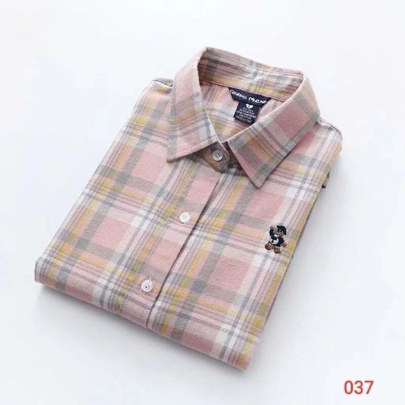 Bear Cotton Brushed Plaid Shirt Spring, Autumn and Winter Thick Long-Sleeved Bottoming Casual Student Ladies