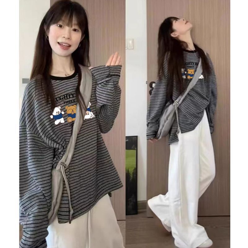 黑色纯棉条纹长袖T恤女秋冬2025新款洋气宽松慵懒风圆领百搭上衣|undefined