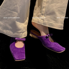 蝴蝶結全皮包頭穆勒鞋女涼拖鞋 夏季新品 方頭包頭中跟涼拖鞋女鞋