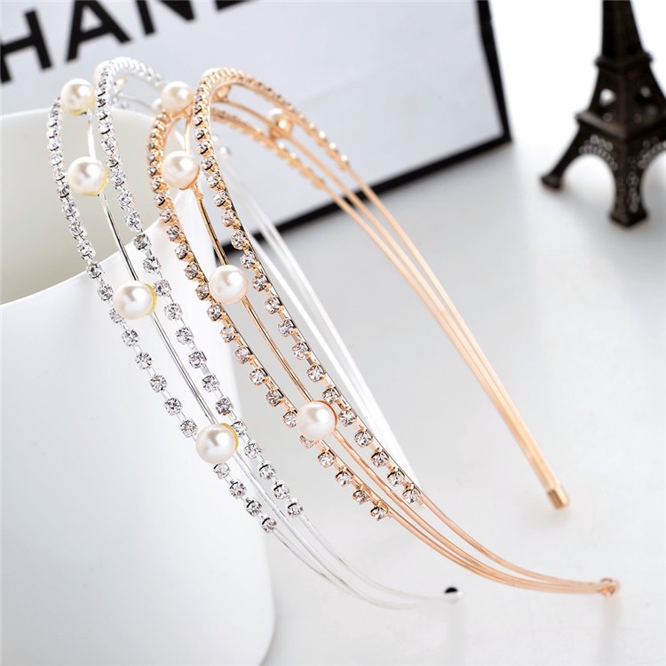 Exquisito estilo coreano accesorios para el cabello 3-capa rhinestone perla diadema diamante incrustado dulce nupcial diadema venta al por mayor de fábrica