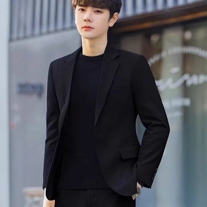 Shoulder Pad Casual Blazer Men's Korean Style Slim Fit Top Spring and Autumn New Single-Piece Suit for Work Business Formal Wear