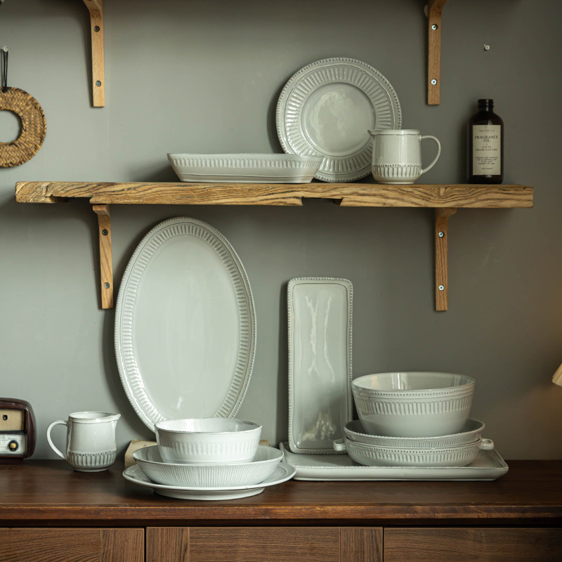 Serie Molla Vajilla de estilo japonés Vajilla de cerámica para el hogar Taza de leche Tazón de leche Plato de sopa Plato de pescado Plato cuadrado Plato de oreja doble al por mayor