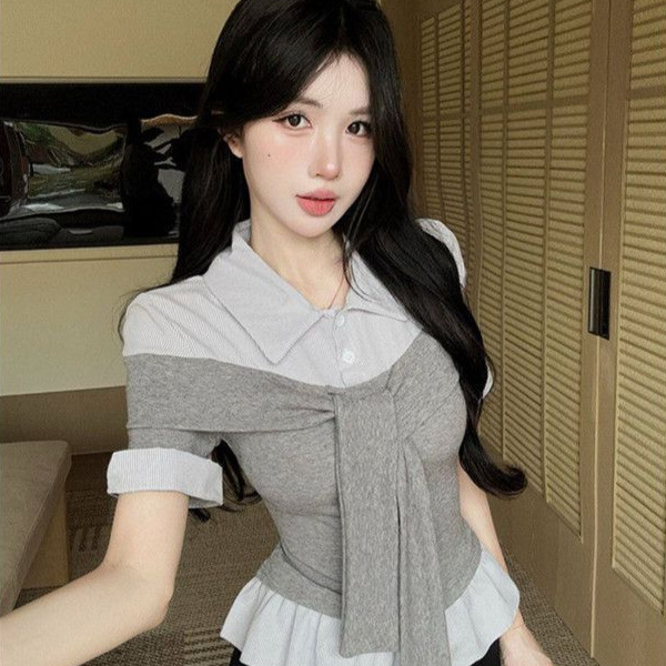Korean-Style College Style Polo Collar Fake Two-Piece Striped Stylish Top 2026 Summer Age-Reducing Short-Sleeve T-Shirt Korean-Style College Style Polo Collar Fake Two-Piece Striped Stylish Top 2026 Summer Age-Reducing Short-Sleeve T-Shirt