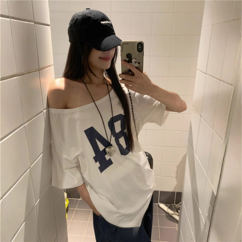 Design Letter Print Off Shoulder T-Shirt Women 2025 New Summer Casual Loose Mid-length Student Top Women 