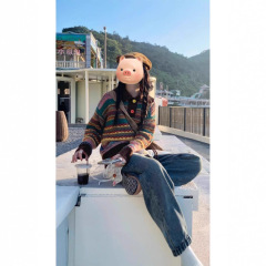 秋冬季新款美拉德穿搭彩色条纹慵懒风翻领毛衣开衫女针织外套