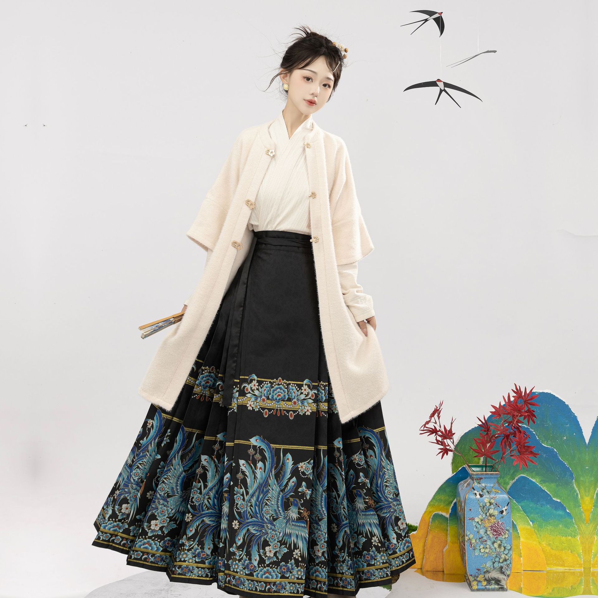 Ming-Style Mamian Skirt Hanfu Imitation Emerald Phoenix Flying Gold Mamian Skirt Airplane Sleeve Versatile Shirt