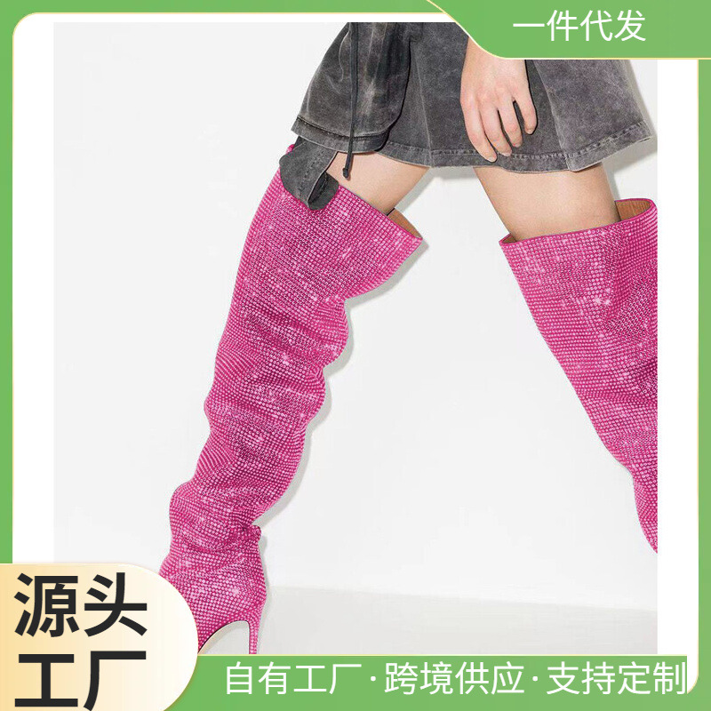 Fashionable solid color red black high boots with rhinestones…