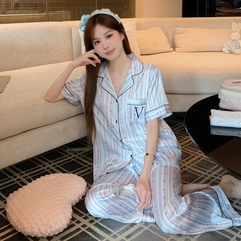 Summer New Arrival Youth Korean Style Women's Small Flower Ice Silk Thin Pajamas Short-Sleeved Pants Suit Silk Home Clothes