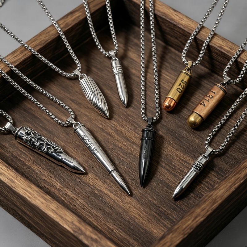 Cross-border exclusive stainless steel necklace with simulated bullet head, men's hip-hop necklace, punk couple's versatile accessory wholesale