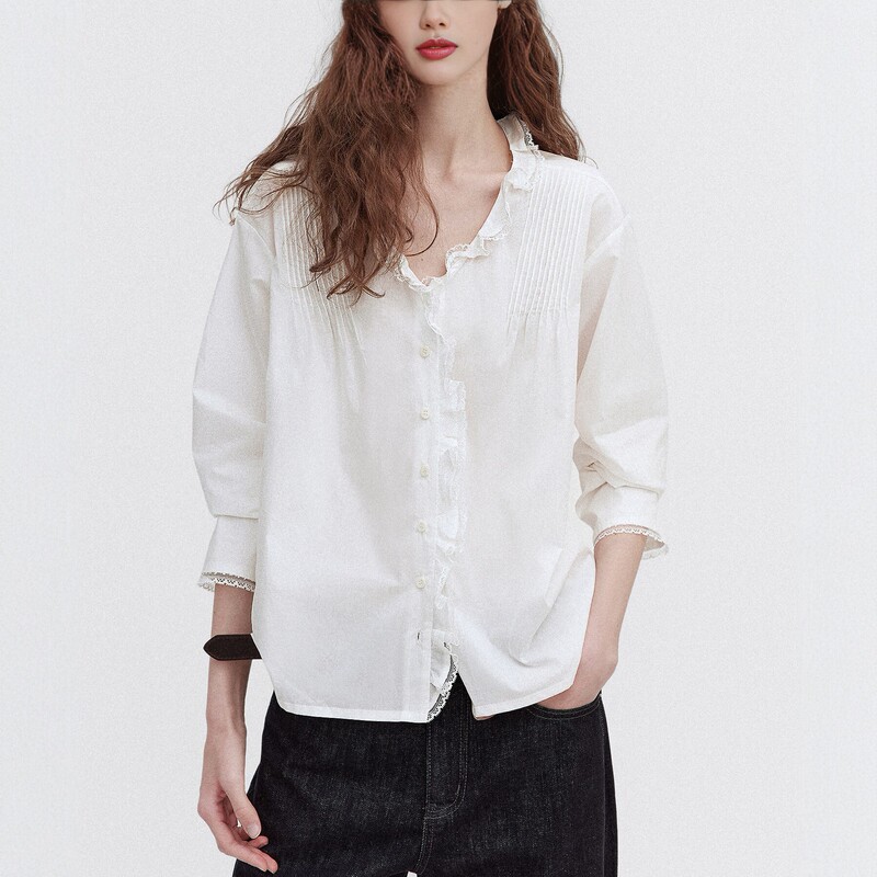 Letn Wild Strawberry' Romantic Ruffled Embroidered Lace Deep V-Neck Gentle 100% Cotton Shirt for Women