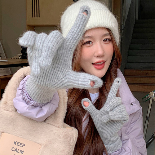  Winter Wool Touchscreen Warm Gloves for Women Korean Style Trendy Versatile Student Cycling Knitted Wool Yarn Gloves Wholesale