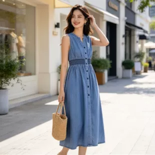Джинсовое платье без рукавов с отрезной талией для женщин средней длины