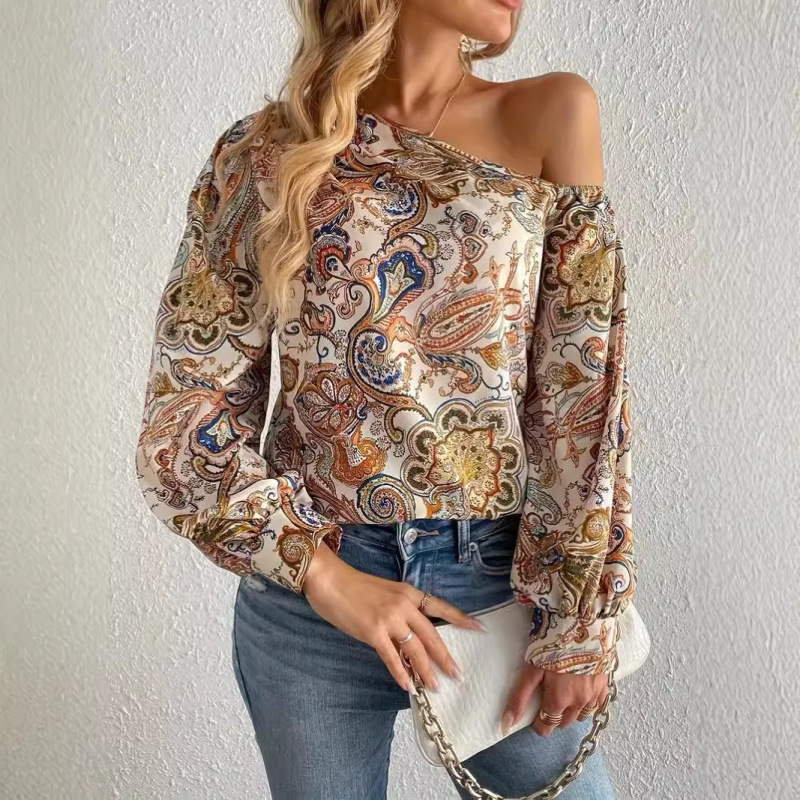 2024 Amazon Temu New Autum Paisley Print Sloping Shoulder Top Fashionable and Elegant Long-Sleeved Shirt