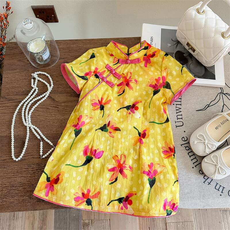 [Xianning Seven] 2025 verano cheongsam para niños niñas vestido de estilo chino nuevo verano bebé cheongsam pequeño