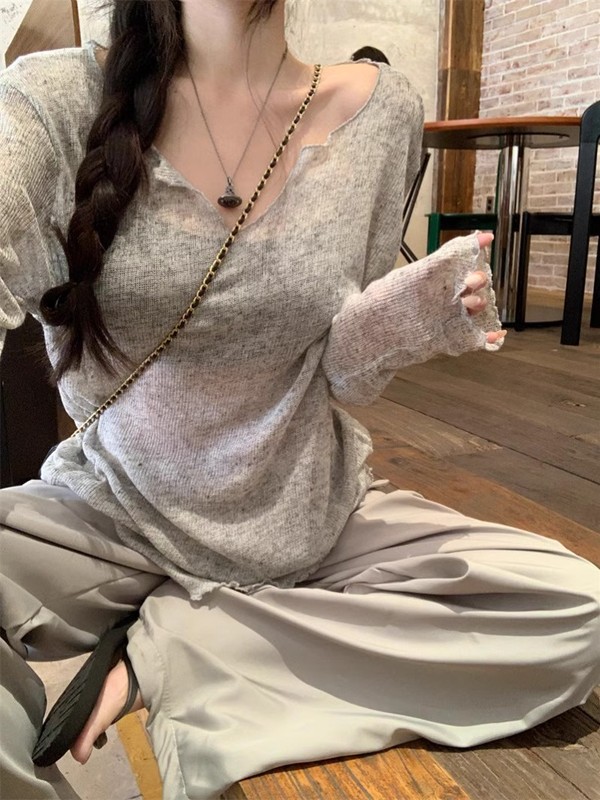 夏の新しいスタイルの微透け木耳日焼け止めブラウス、女性用、長袖、ゆったり、レイジーTシャツ、スイートガールトップ|undefined