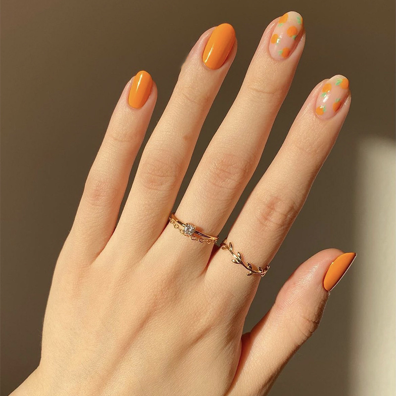 Summer nail pieces wear nail wholesale orange cute fake nails removable digital printing nail art foreign trade nail art