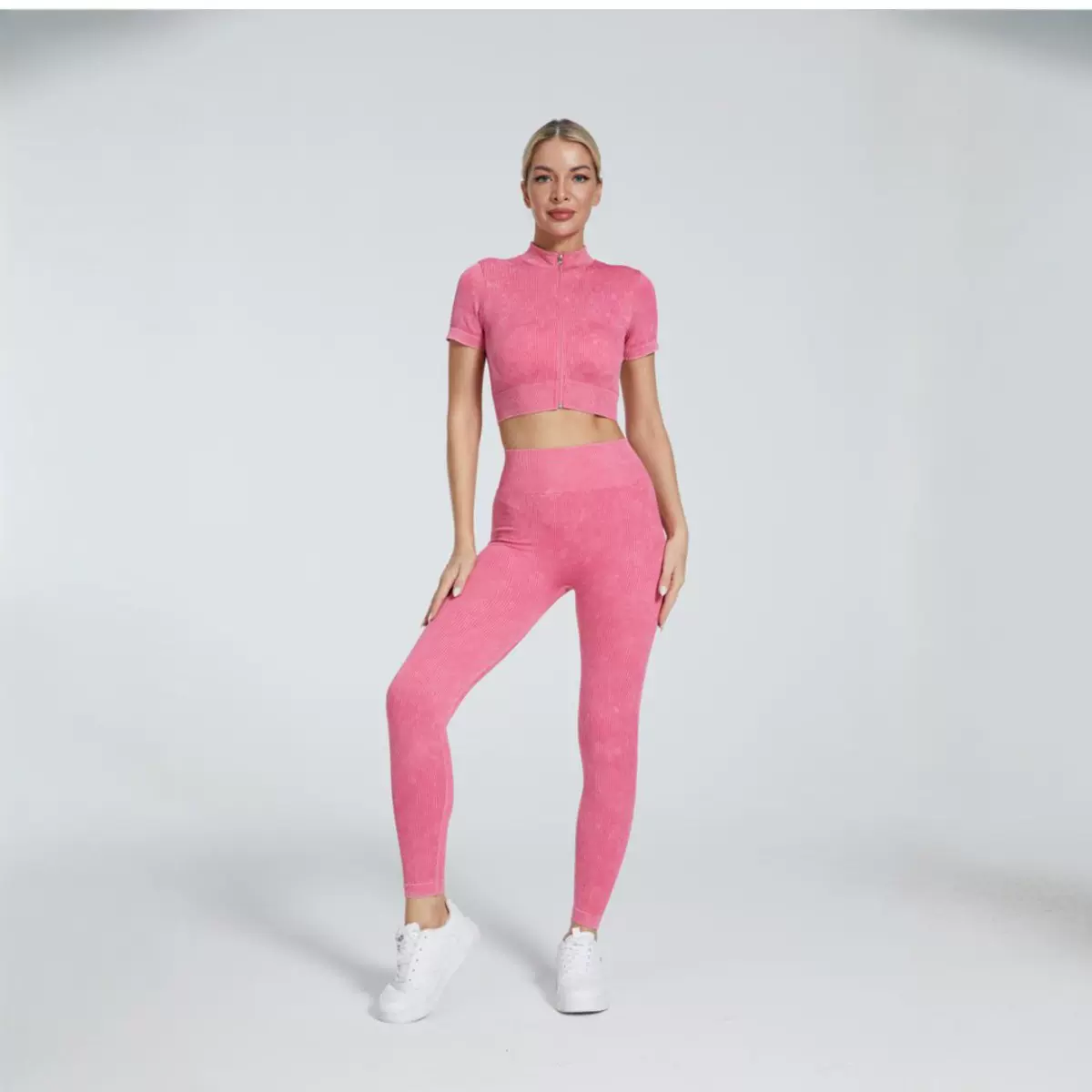 现货磨砂螺纹运动短袖拉链开衫长裤套装跑步健身运动无缝瑜伽两件