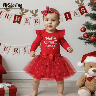 2025 New Christmas Baby Clothes Long Sleeve Harness Skirt Hair Accessories 3-Piece Set Baby Christmas Party Clothes