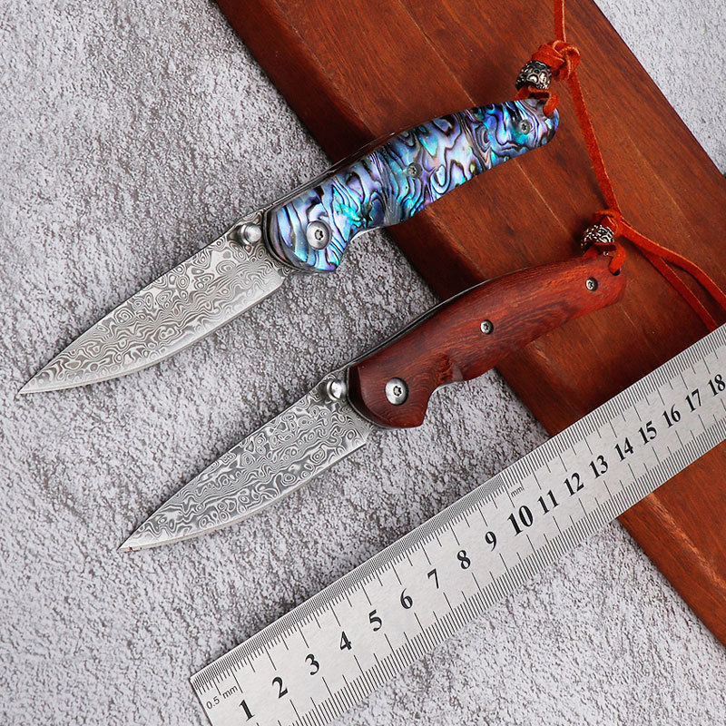 折叠刀大马士革钢彩贝壳折刀户外小刀迷你随身应急小刀野营便携刀
