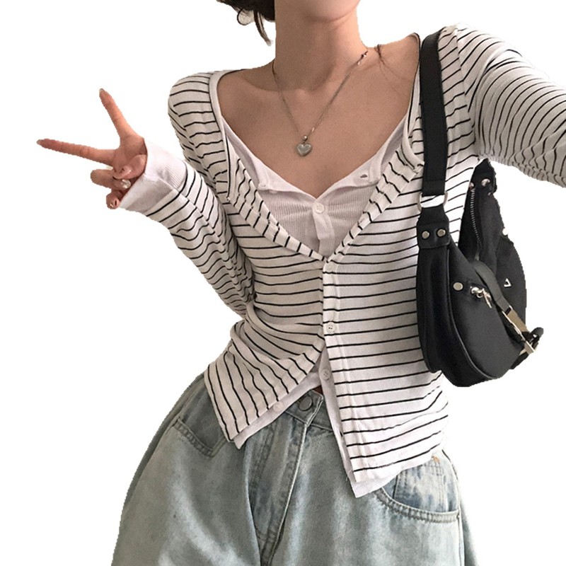 2025早秋韩风少女感假两件叠穿条纹T恤翻领修身显瘦长袖针织上衣|undefined