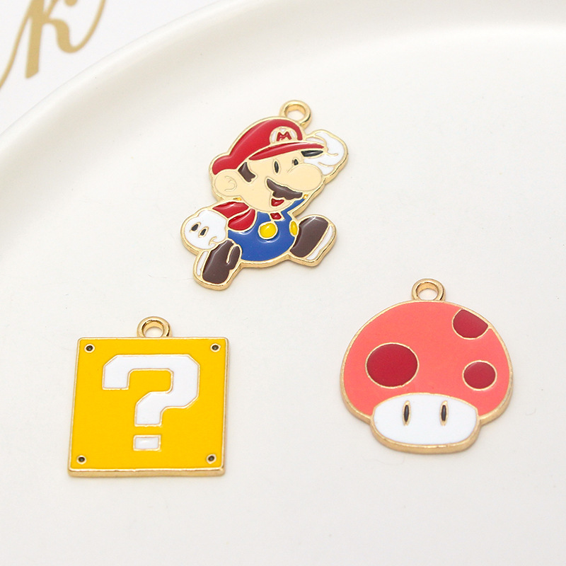 Super Marie Mario mushroom question mark brick alloy oil drop pendant diy keychain bracelet pendant accessories
