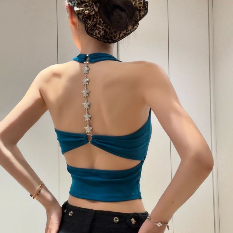 Pure Desire Style Hot Girl Halter Neck Backless Star Chain Strap Vest with Chest Pad Hollow Out Tube Top