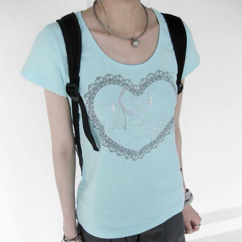 American-Style Lace Print Floral Font Design with Silver Foil, Large Round Neckline, Regular Shoulder Short-Sleeve T-Shirt, Slim-Fit Top for Women American-Style Lace Print Floral Font Design with Silver Foil, Large Round Neckline, Regular Shoulder Short-Sleeve T-Shirt, Slim-Fit Top for Women