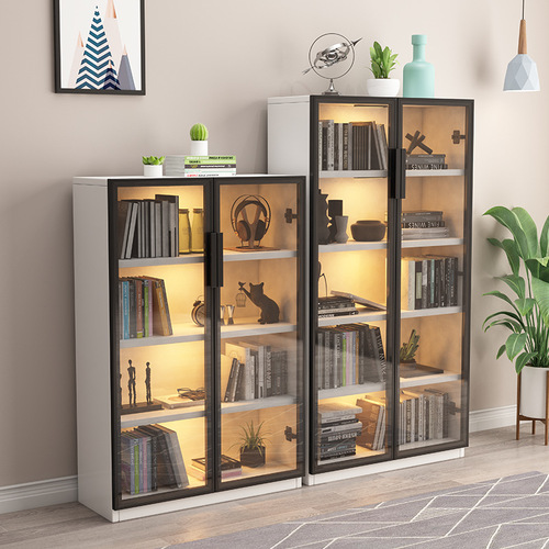 All solid wood glass door bookcase, modern simple living room shelf storage cabinet, display cabinet with sensor light