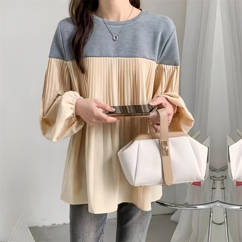 2025 ホットな新作日本の春服女性のプリーツゴムランタンスリーブカラーブロック長袖 Tシャツトップス 3 色|undefined