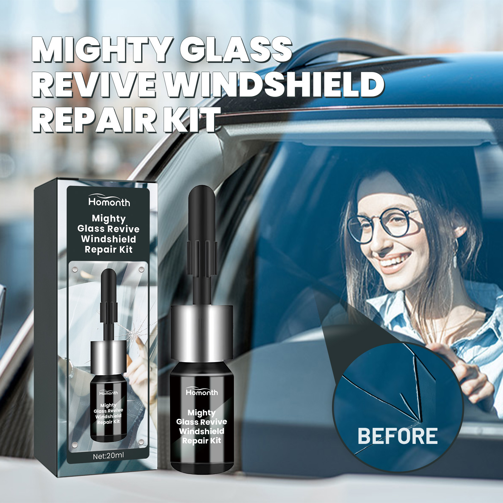 Homonth Windshield Care Kit Special Adhesive Liquid for Car Windshield Crack and Breakage Repair