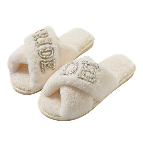 BRIDE Plush Slippers with Pearl Letter New Bride Cross Fleece Slippers for Solo Party Wedding