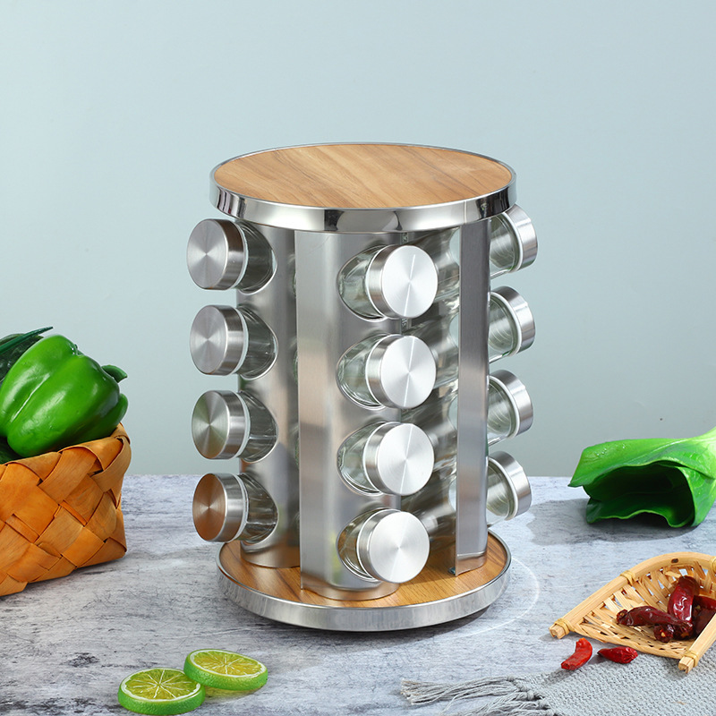 Europa y los Estados Unidos nuevos soporte de condimento de hierro inoxidable 20 botellas de soporte de condimento giratorio estante de almacenamiento de cocina cabello recto