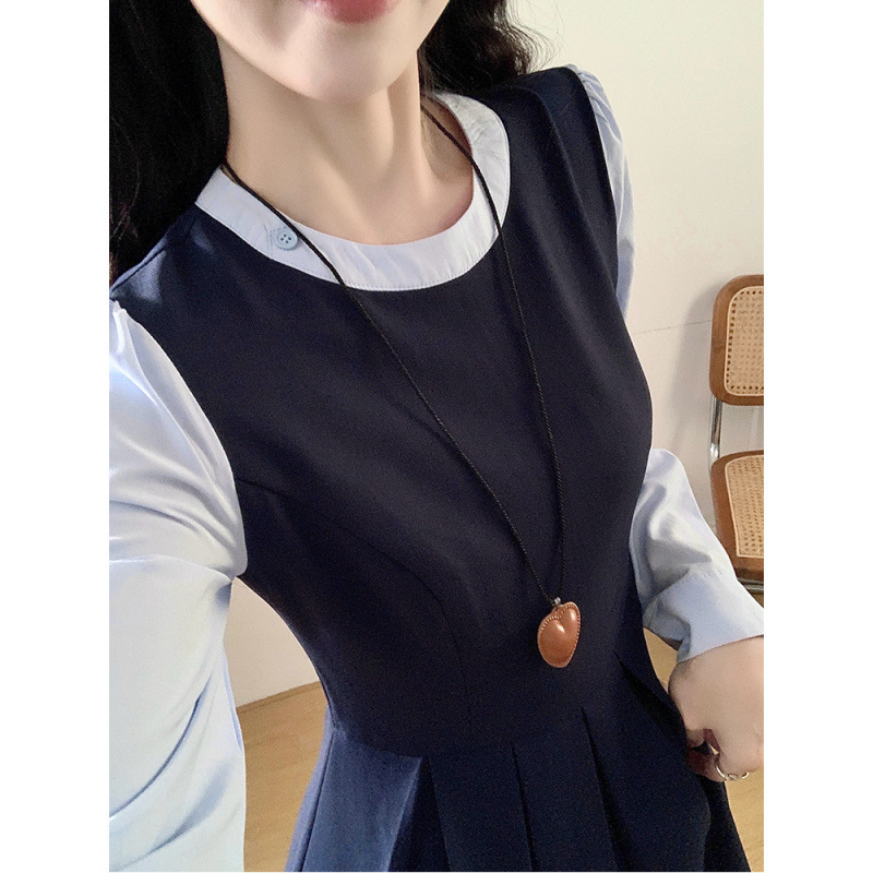 大码女装胖mm秋季新款复古拼接长袖假两件连衣裙女裙子|undefined