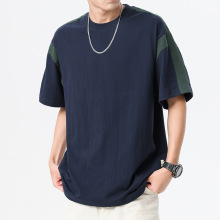 安洋2026夏季新款潮流日系拼接撞色短袖T恤男纯棉宽松休闲半袖t血