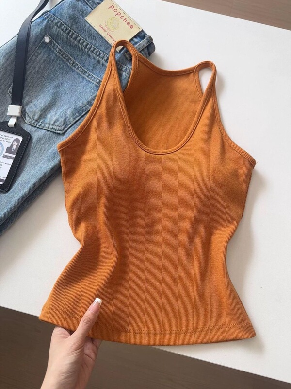 Orange Color That Really Brightens the Complexion! Summer High-End Simple V-Neck Versatile Slimming Tank Top with Built-In Bra Pads for Women Orange Color That Really Brightens the Complexion! Summer High-End Simple V-Neck Versatile Slimming Tank Top with Built-In Bra Pads for Women