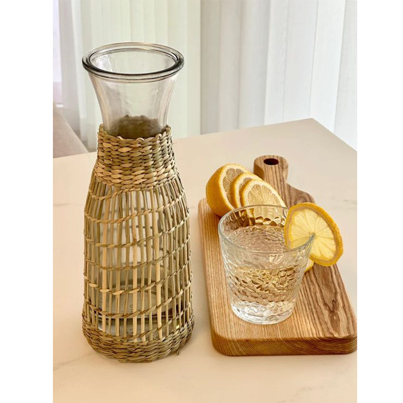 跨境外贸出口草编藤编牛奶瓶玻璃瓶果汁瓶咖啡瓶液体储物玻璃瓶