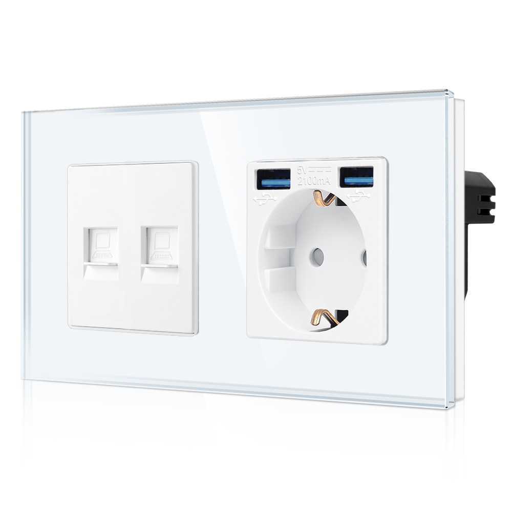 白色USB德插带两个CAT6功能欧式插座德式插座带接地俄罗斯