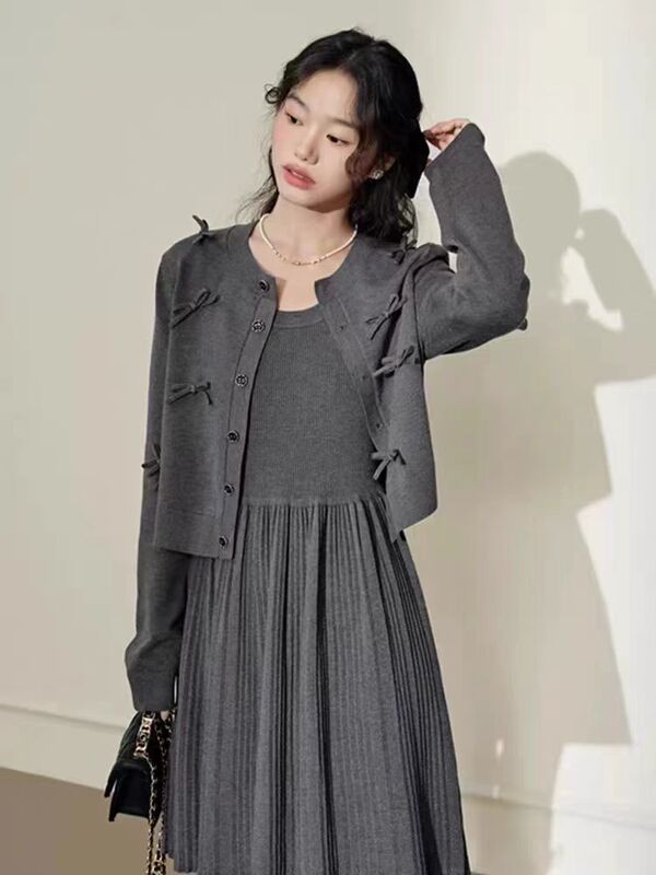 Knitted Dress Two-Piece Set Autumn and Winter New Style Slim Cardigan Vest Dress Sweater Bottoming Skirt