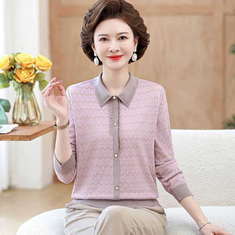 Autumn T-shirt for mothers, long-sleeved shirt, stylish for grandmothers, middle-aged and elderly women, mother's collared clothing, dignified and elegant Autumn T-shirt for mothers, long-sleeved shirt, stylish for grandmothers, middle-aged and elderly women, mother's collared clothing, dignified and elegant