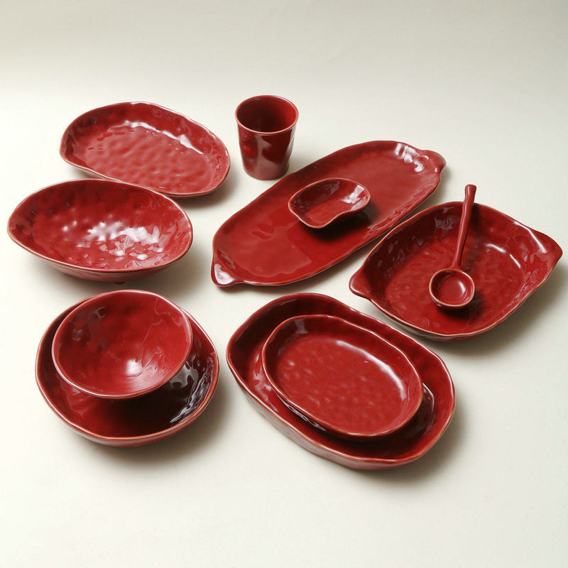 Jiutian Coarse Pottery Tableware Set with High Aesthetic Value, Festive Red Bowls, Plates, Spoons, Hand-Painted Irregular Dishes for Home Use Jiutian Coarse Pottery Tableware Set with High Aesthetic Value, Festive Red Bowls, Plates, Spoons, Hand-Painted Irregular Dishes for Home Use