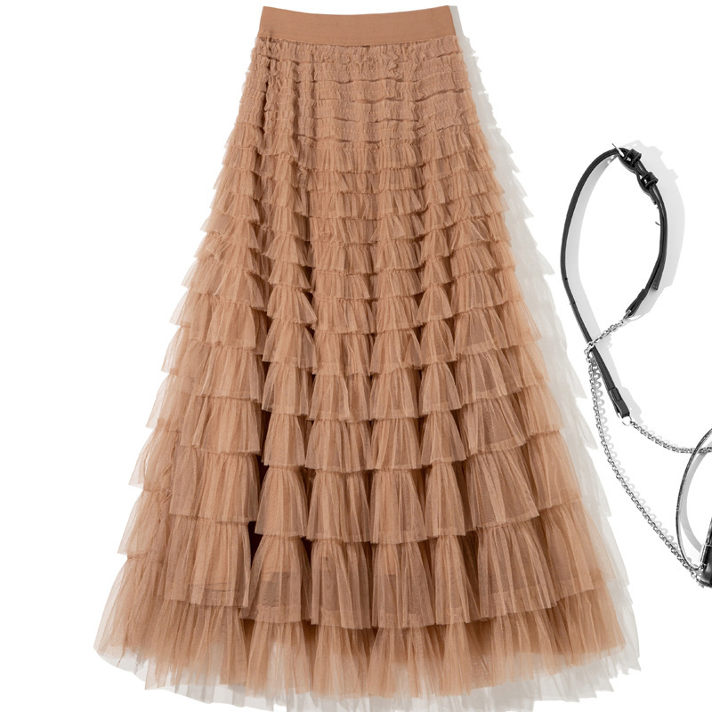 B1598 2025 Autumn/Winter New Elastic Waist Ruched Layered Cake Skirt Princess Mesh Skirt Long Skirt