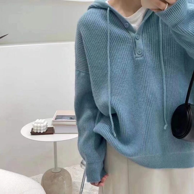 Half Open Collar Drawstring Hooded Pullover Sweater Women's Autumn New Outfit Loose Knitted Sweater Top Women