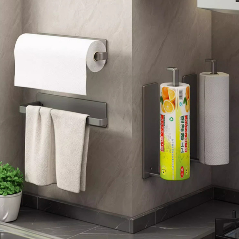 Titular de tejido de la cocina sin perforar gabinete rollo de papel titular de almacenamiento rack de cocina tejido plástico envoltura de almacenamiento de trapo colgando