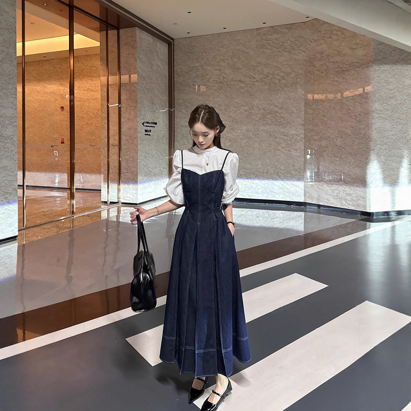 Autumn Popular Style Retro Denim Suspender Dress Women's High-End Elegant Light Luxury Beautiful Shirt Two-Piece Set